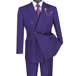 2-Piece Men's Double Breasted Pinstripe Suit-Purple